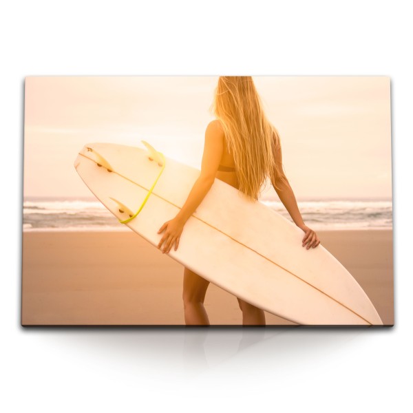 Paul Sinus Art 120x80cm Wandbild auf Leinwand Surfen Surferin am Strand Surfbrett Meer