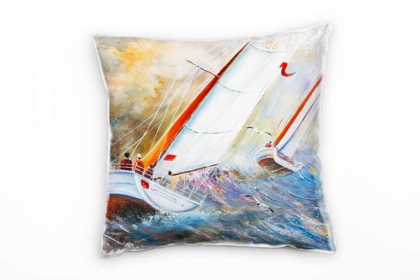 Paul Sinus Art Meer, blau, orange, weiß, Segelboot, gemalt Deko Kissen 40x40cm für Couch Sofa Lounge Zierkissen