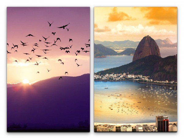 Paul Sinus Art 2 Bilder je 60x90cm Vogelschwarm Vögel Rio de Janeiro Brasilien Meer Sonnenuntergang Berge