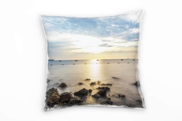 Paul Sinus Art Strand und Meer, Sonnenuntergang, gelb, grau Deko Kissen 40x40cm für Couch Sofa Lounge Zierkissen