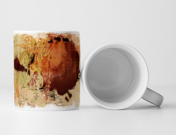 Paul Sinus Art Tasse Geschenk khaki-beiger Hintergrund; dunkelrot-braune Abstraktionen