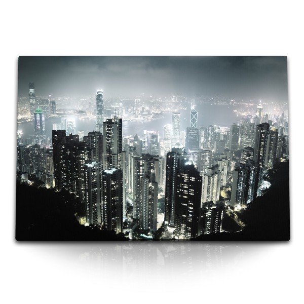 Paul Sinus Art 120x80cm Wandbild auf Leinwand Hongkong bei Nacht Hochhäuser Wolkenkratzer