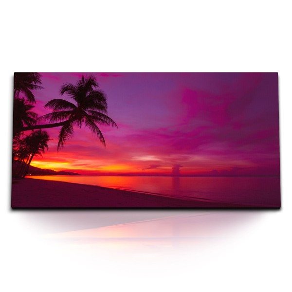 Paul Sinus Art Kunstdruck Bilder 120x60cm Traumstrand Strand Sandstrand Abendröte Meer Palme