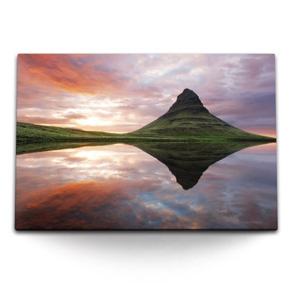 Paul Sinus Art 120x80cm Wandbild auf Leinwand Island Landschaft Berg Meer Sonnenuntergang Rosa Himmel