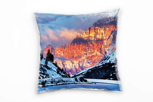 Paul Sinus Art Winter, weiß, orange, Schnee, Berge, Sonnenaufgang Deko Kissen 40x40cm für Couch Sofa Lounge Zierki