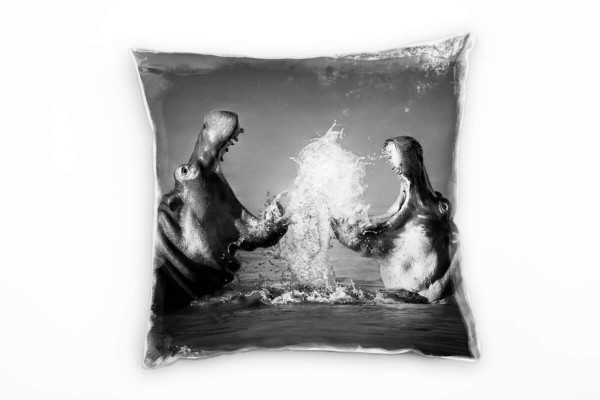 Paul Sinus Art Tiere, schwarz, weiß, Nilpferde kämpfen im Wasser Deko Kissen 40x40cm für Couch Sofa Lounge Zierkiss