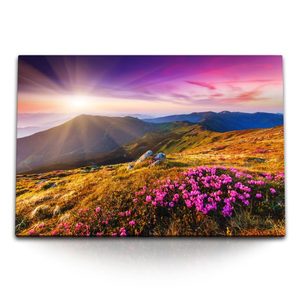 Paul Sinus Art 120x80cm Wandbild auf Leinwand Bergwiese Berglandschaft Abendrot Berge Natur