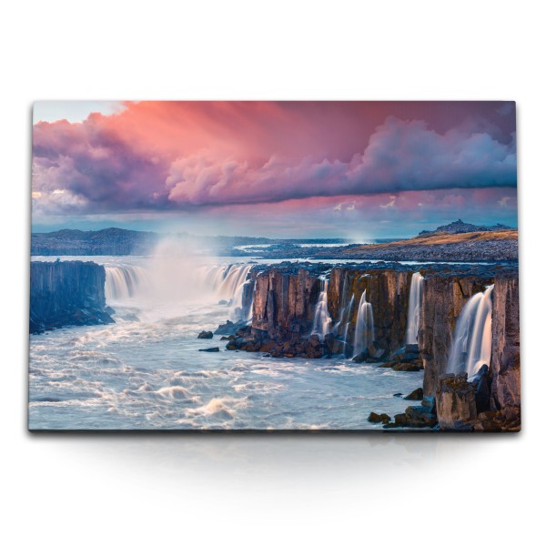 Paul Sinus Art 120x80cm Wandbild auf Leinwand Island Wasserfälle Natur Wildfluss rosa Himmel