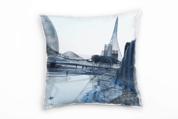 Paul Sinus Art Illustration, futuristische Stadt, grau, blau Deko Kissen 40x40cm für Couch Sofa Lounge Zierkissen