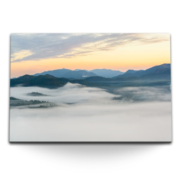 Paul Sinus Art 120x80cm Wandbild auf Leinwand Berge Nebel Sonnenuntergang Abendrot Bergkette