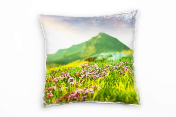 Paul Sinus Art Natur, grün, rosa, Berge, Blumen, Wiese Deko Kissen 40x40cm für Couch Sofa Lounge Zierkissen