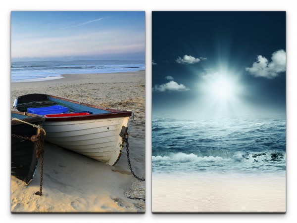 Paul Sinus Art 2 Bilder je 60x90cm Fischerboot Boot Strand Meer Sonnenstrahlen Ebbe Horizont