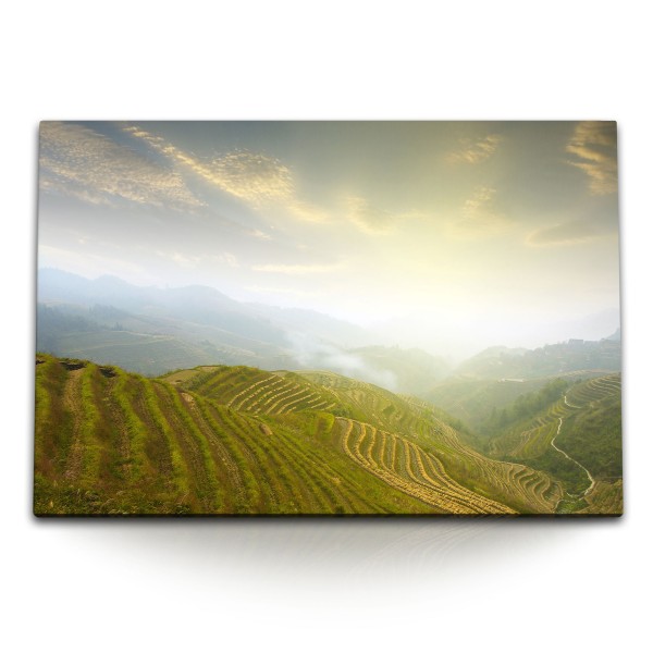 Paul Sinus Art 120x80cm Wandbild auf Leinwand Berge Hügellandschaft Reisfelder China Asien