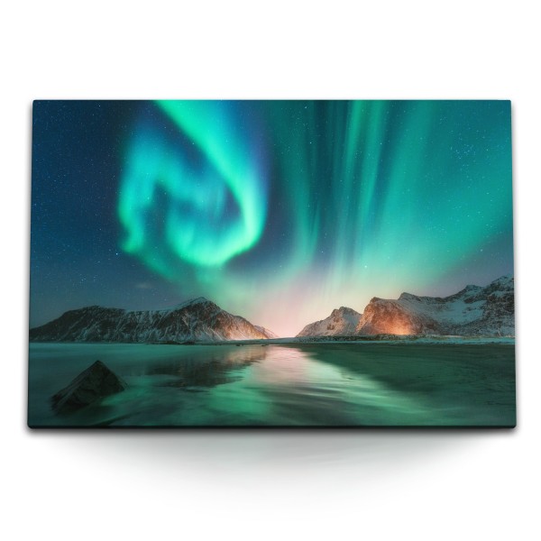 120x80cm Wandbild auf Leinwand Polar Norwegen Nachthimmel Berge Natur