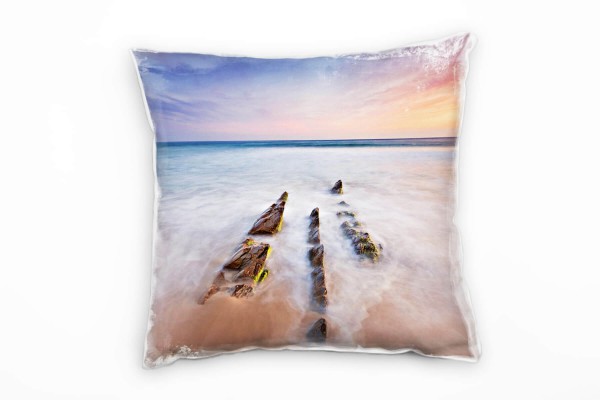 Paul Sinus Art Strand und Meer, Wasser, rosa, hellblau, Spanien Deko Kissen 40x40cm für Couch Sofa Lounge Zierkisse