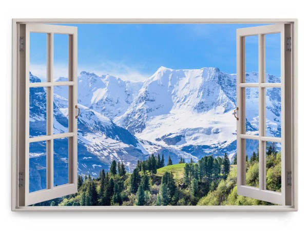 Paul Sinus Art Wandbild 120x80cm Fensterbild Berge Gebirge Blau Weiß Schnee Natur Wald