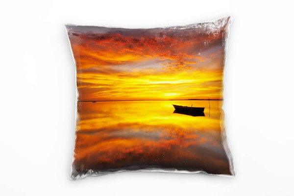 Paul Sinus Art Meer, orange, rot, Boot, Spiegelung, Sonnenuntergang Deko Kissen 40x40cm für Couch Sofa Lounge Zierk