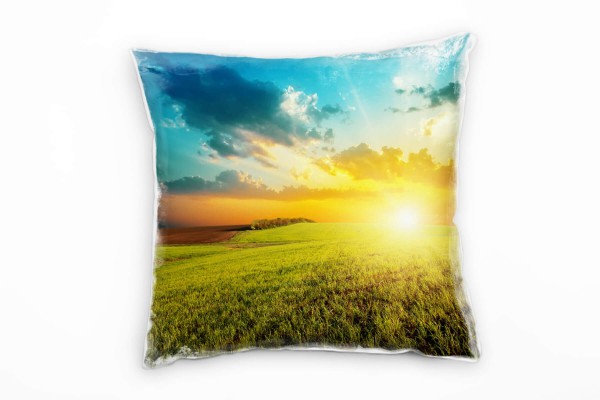 Paul Sinus Art Landschaft grün, orange, blau, Sonnenuntergang, Feld Deko Kissen 40x40cm für Couch Sofa Lounge Zier