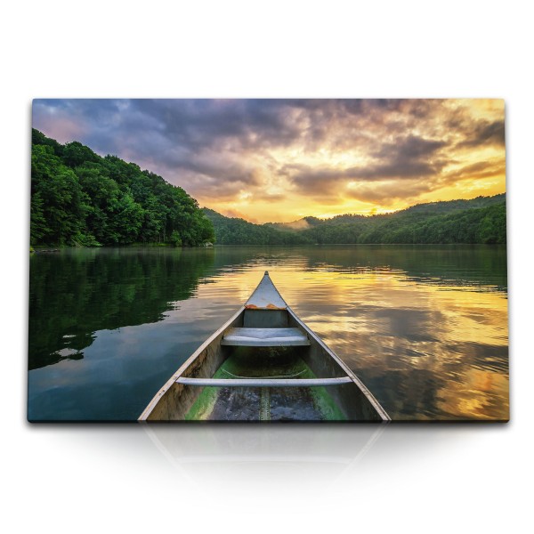 Paul Sinus Art 120x80cm Wandbild auf Leinwand Natur See Boot Kayak Sonnenuntergang Abendrot