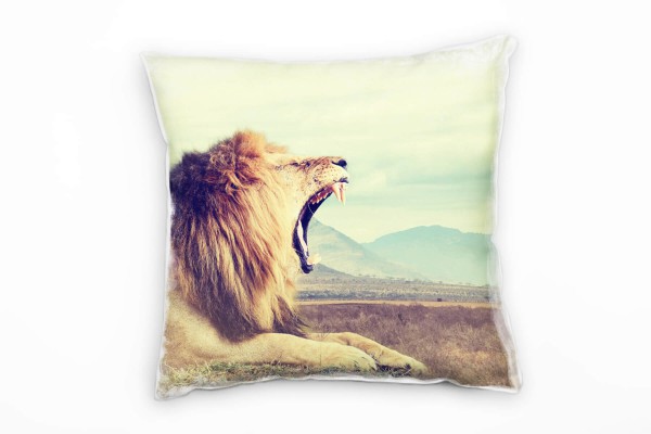 Paul Sinus Art Tiere, brüllender Löwe, Afrika, braun, blau Deko Kissen 40x40cm für Couch Sofa Lounge Zierkissen