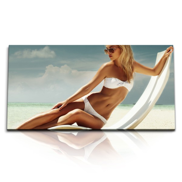 Paul Sinus Art Kunstdruck Bilder 120x60cm Junge Frau am Strand Bikini Sexy Sonnenschein Meer