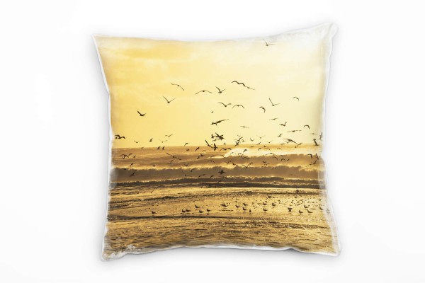 Paul Sinus Art Meer, Sonnenuntergang, Wellen, Vögel, orange Deko Kissen 40x40cm für Couch Sofa Lounge Zierkissen