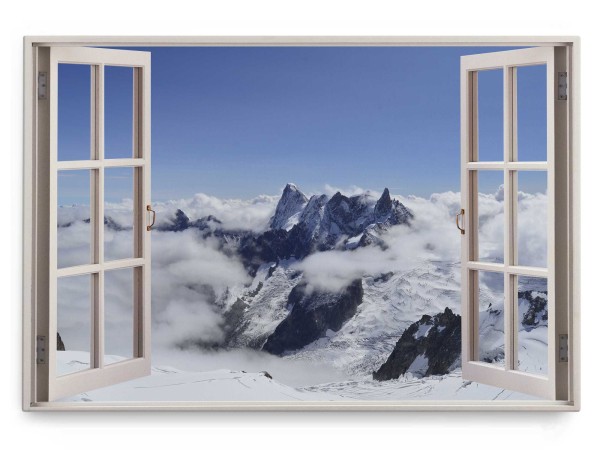 Paul Sinus Art Wandbild 120x80cm Fensterbild Schneegipfel über den Wolken Weiß Berg Schnee