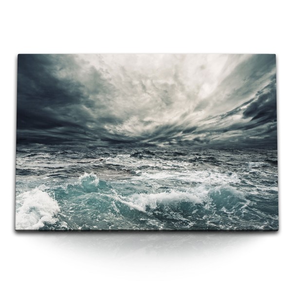 Paul Sinus Art 120x80cm Wandbild auf Leinwand Raue See Meer Ozean Wolken Sturm Grau