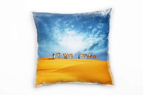 Paul Sinus Art Wüste, orange, blau, Kamele, Sand, Dünen Deko Kissen 40x40cm für Couch Sofa Lounge Zierkissen