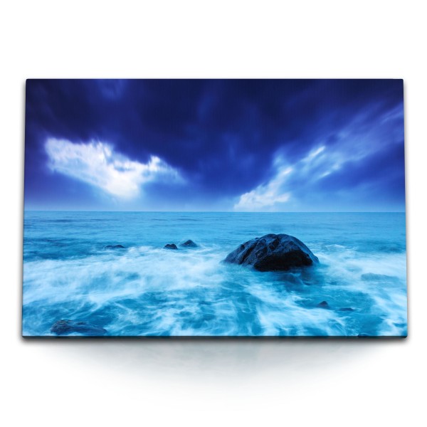 Paul Sinus Art 120x80cm Wandbild auf Leinwand Meer Ozean Horizont Felsen Blau dunkle Wolken