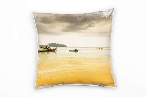 Paul Sinus Art Strand und Meer, Regenwolken, Boot, orange, grau Deko Kissen 40x40cm für Couch Sofa Lounge Zierkisse