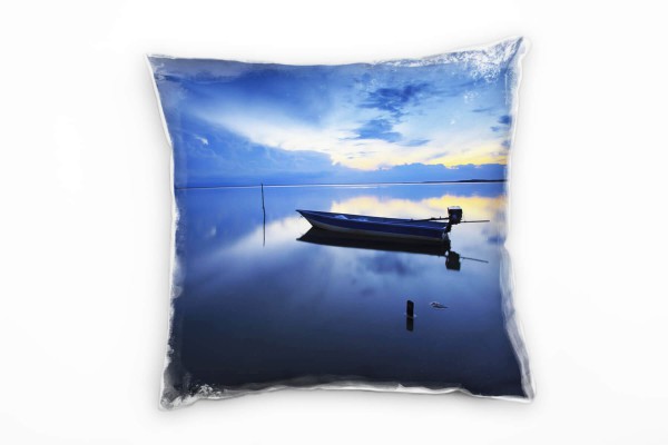 Paul Sinus Art Meer, blau, gelb, Spiegelung, Boot, Sonnenaufgang Deko Kissen 40x40cm für Couch Sofa Lounge Zierkis