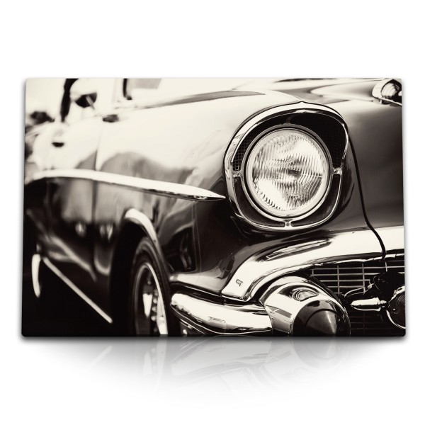 Paul Sinus Art 120x80cm Wandbild auf Leinwand Oldtimer Auto Scheinwerfer Kuba Grau Traumauto