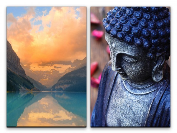 Paul Sinus Art 2 Bilder je 60x90cm Berge Bergsee Buddha Kraftvoll Meditation Erholsam Harmonie