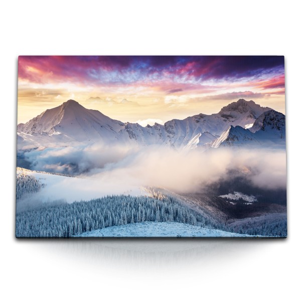 Paul Sinus Art 120x80cm Wandbild auf Leinwand Schweizer Alpen Winter Schnee Schneegipfel Sonnenuntergang