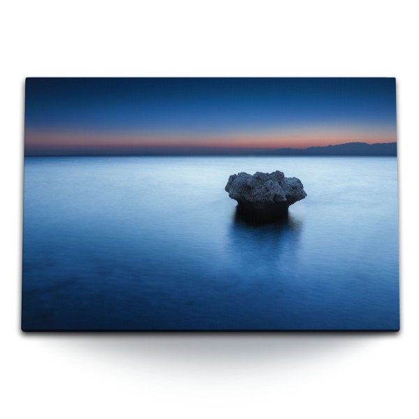 Paul Sinus Art 120x80cm Wandbild auf Leinwand Fels im Meer Dunkelblau Horizont Abenddämmerung