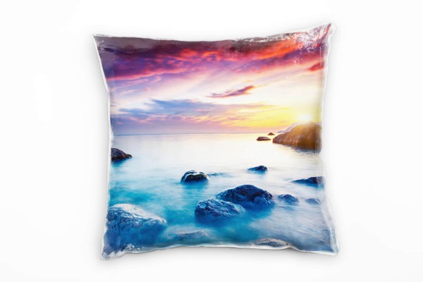 Paul Sinus Art Meer, türkis, gelb, orange, Sonnenuntergang, Felsen Deko Kissen 40x40cm für Couch Sofa Lounge Zierki