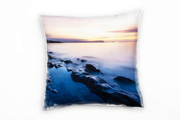 Paul Sinus Art Meer, Felsen, Sonnenuntergang, blau, gelb Deko Kissen 40x40cm für Couch Sofa Lounge Zierkissen