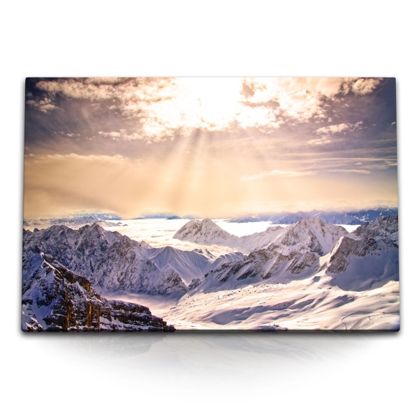 Paul Sinus Art 120x80cm Wandbild auf Leinwand Alpen Berge Schnee Sonnenstrahl Bergaussicht