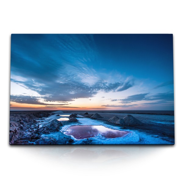 Paul Sinus Art 120x80cm Wandbild auf Leinwand Tunesien Salzsee See Horizont Sonnenuntergang Abendrot