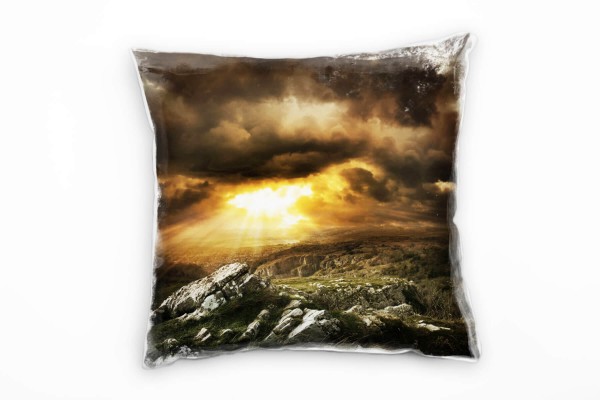 Paul Sinus Art Landschaft, orange, grau, Wolken, Sonne Deko Kissen 40x40cm für Couch Sofa Lounge Zierkissen