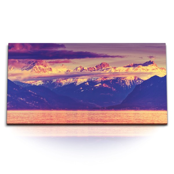 Paul Sinus Art Kunstdruck Bilder 120x60cm Berge See Schneegipfel Blau Sonnenuntergang Natur