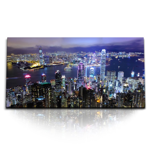 Paul Sinus Art Kunstdruck Bilder 120x60cm Hongkong bei Nacht Stadt Wolkenkratzer Metropole