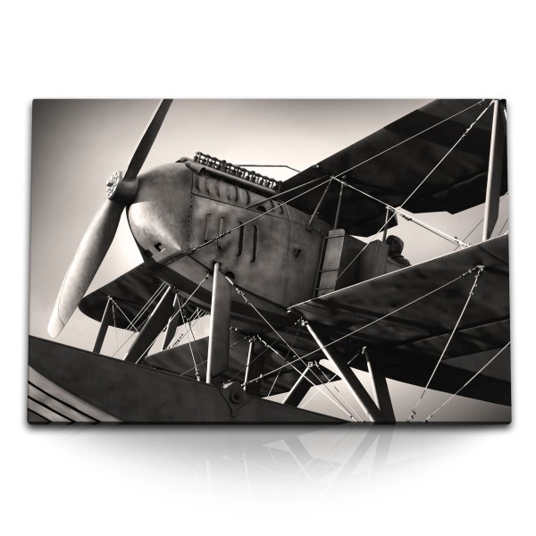 Paul Sinus Art 120x80cm Wandbild auf Leinwand Altes Flugzeug Fotokunst Schwarz Weiß Propeller