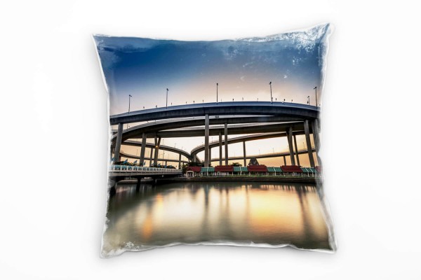 Paul Sinus Art Urban, Brücke, Bangkok, Sonnenuntergang, orange Deko Kissen 40x40cm für Couch Sofa Lounge Zierkissen