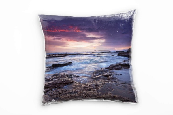 Paul Sinus Art Meer, grau, blau, rot, Felsen, Morgendämmerung Deko Kissen 40x40cm für Couch Sofa Lounge Zierkissen