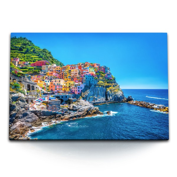 Paul Sinus Art 120x80cm Wandbild auf Leinwand Cinque Terre Italien Küste Klippen Dorf Mittelmeer