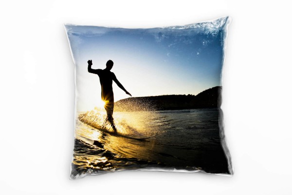 Paul Sinus Art Meer, Sonnenuntergang, Surfer, Silhouette, orange Deko Kissen 40x40cm für Couch Sofa Lounge Zierkiss