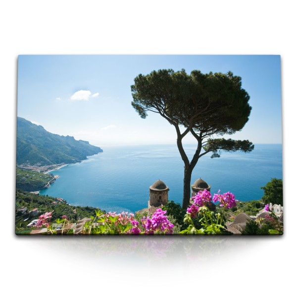 Paul Sinus Art 120x80cm Wandbild auf Leinwand Italienische Küste Sommer Mittelmeer Baum