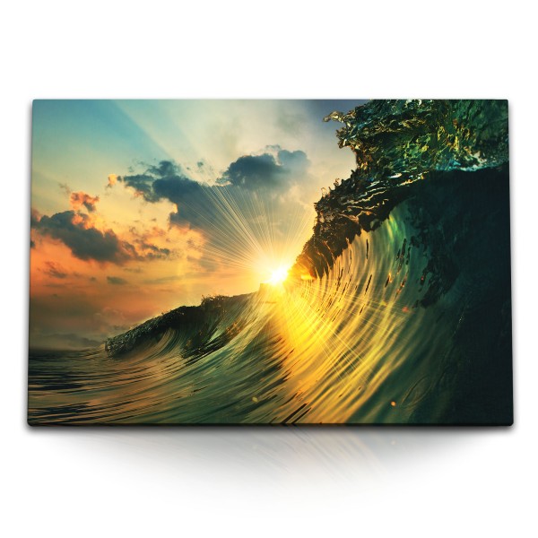 Paul Sinus Art 120x80cm Wandbild auf Leinwand Welle Sonnenuntergang Wasser Abendröte Surfen